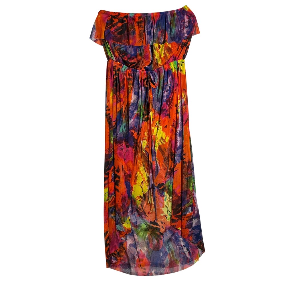 Cynthia Rowley Women Large Mesh High Low Maxi Dress Rainbow Feather Print Ruffle